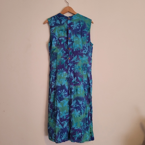 Vintage Daily Planet Dress Rayon Tie Dye Blue Green Buttons Sleeveless - Picture 5 of 9